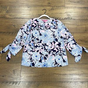 Lilly Pulitzer Top Womens XS Langston Amore Please Blouse Blue Pink‎ Tie Sleeve